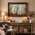 Vintage ghost wildflower canvas poster in a cozy autumn living room