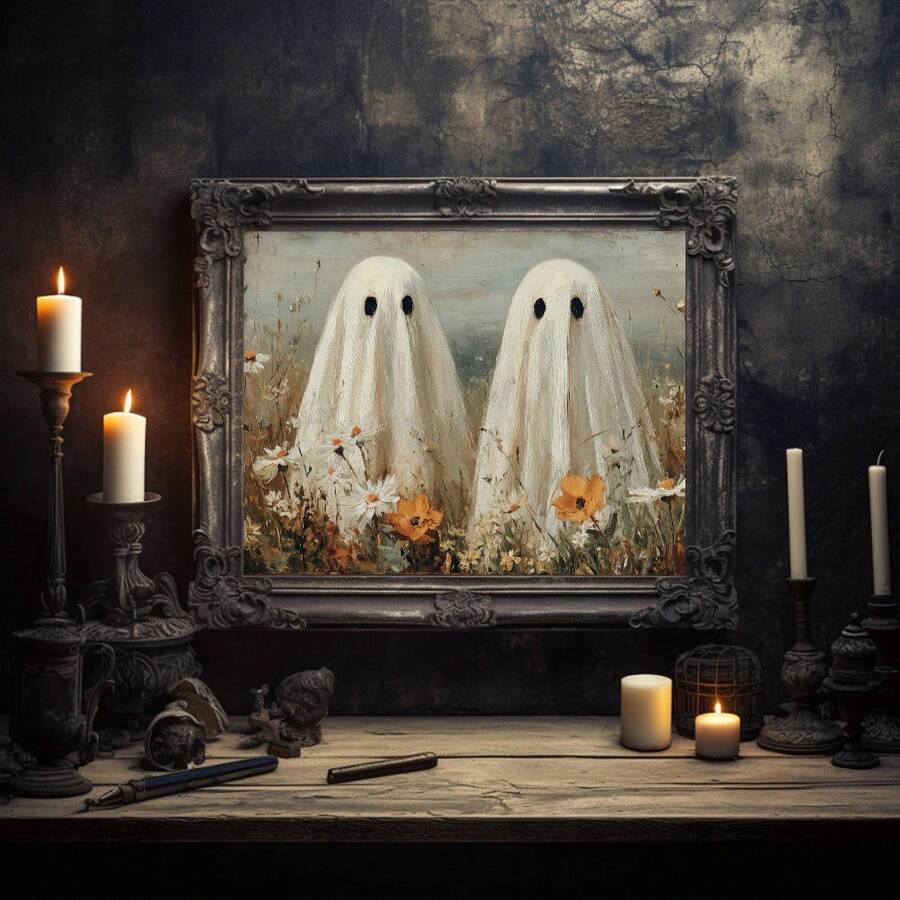 Vintage oil painting ghost poster in a dark gothic frame