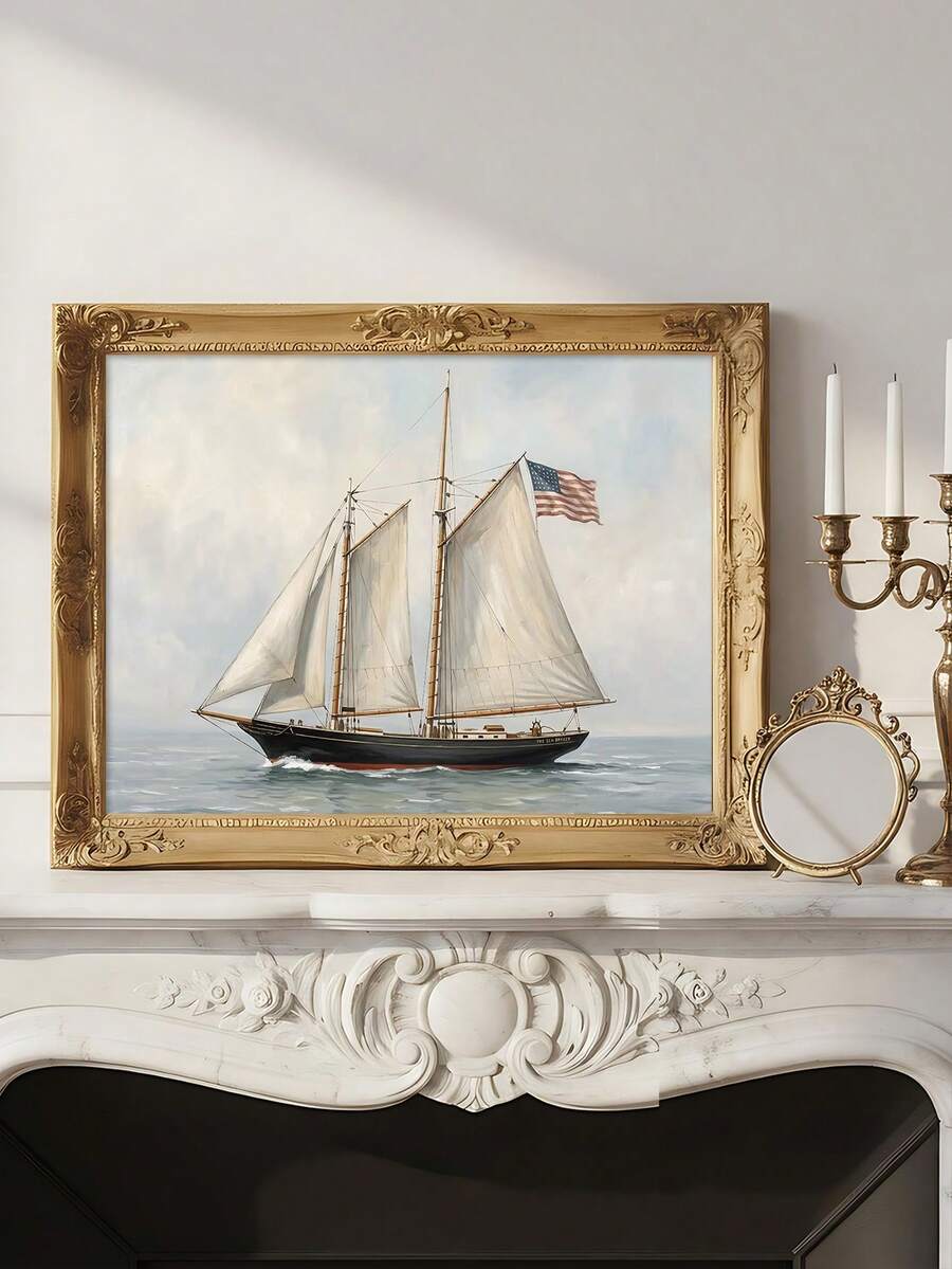Traditional sailing ship maritime painting over an ornate mantel