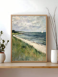 Serene coastal sailboat landscape with blue-green ocean tones