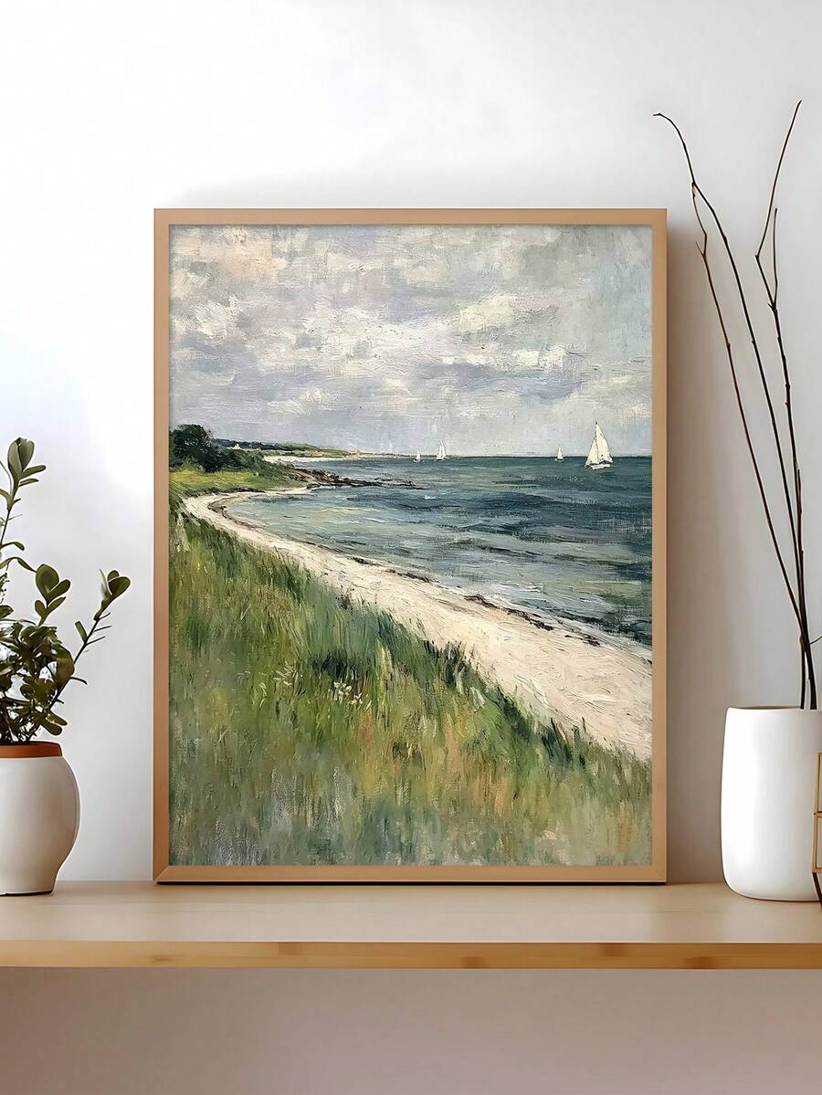 Serene coastal sailboat landscape with blue-green ocean tones