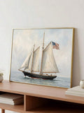 Vintage American sailing ship artwork styled beside a modern desk