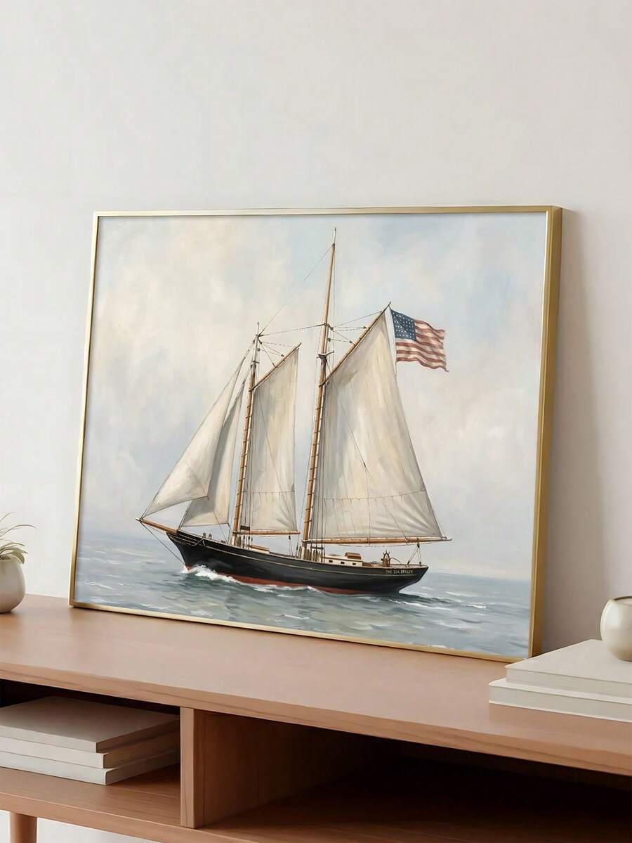 Vintage American sailing ship artwork styled beside a modern desk