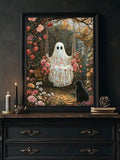 Ghost on garden swing with black cat and pink floral canvas poster in a black frame