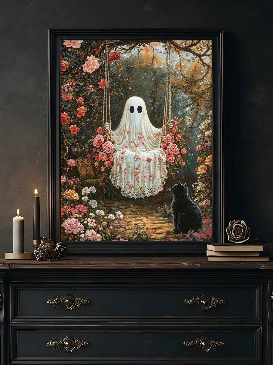 Ghost on garden swing with black cat and pink floral canvas poster in a black frame