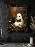 Reading ghost with black cat gothic floral canvas art in an ornate black and gold frame