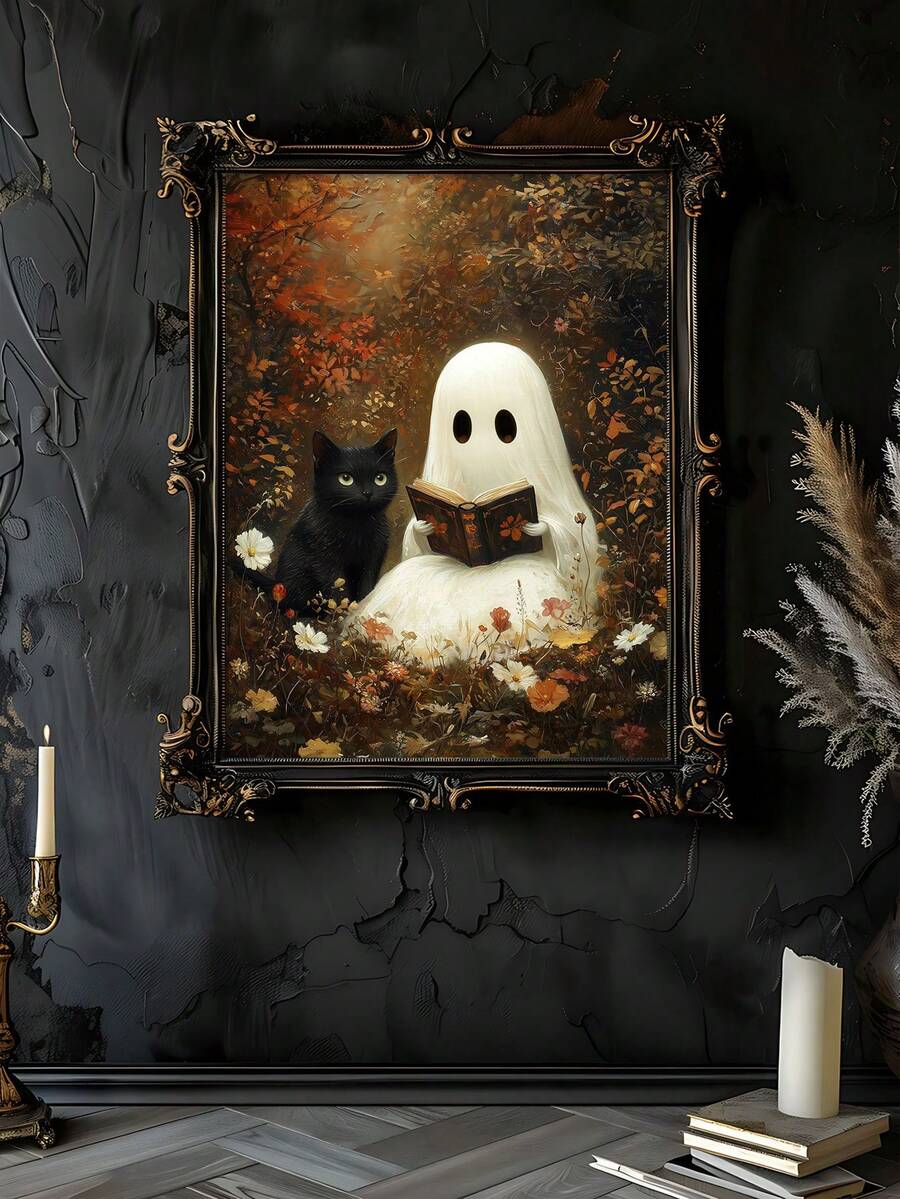 Reading ghost with black cat gothic floral canvas art in an ornate black and gold frame