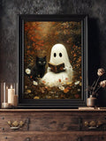 Reading ghost and black cat autumn gothic canvas art in a black framed dresser display