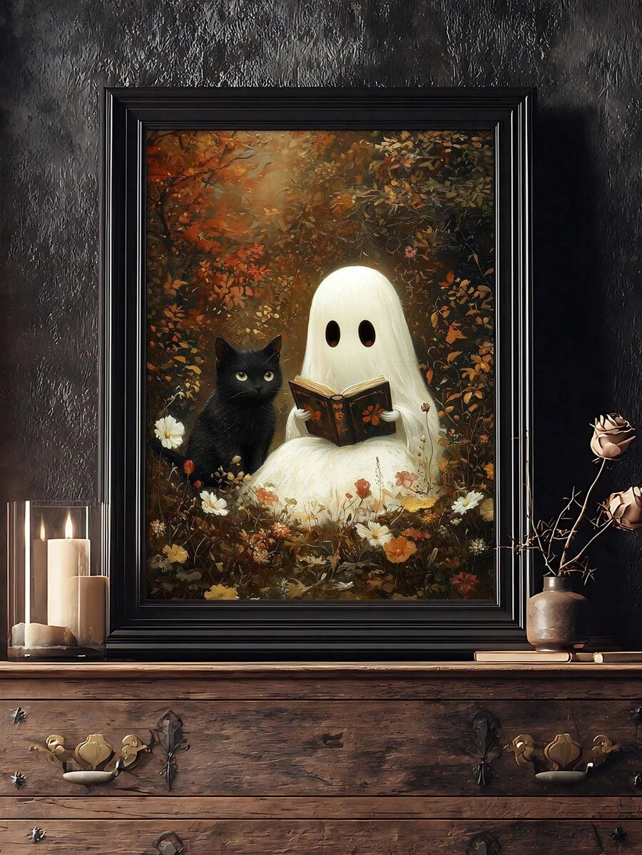 Reading ghost and black cat autumn gothic canvas art in a black framed dresser display