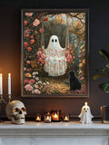 Ghost on garden swing and black cat floral canvas art in a dark wood framed mantel display