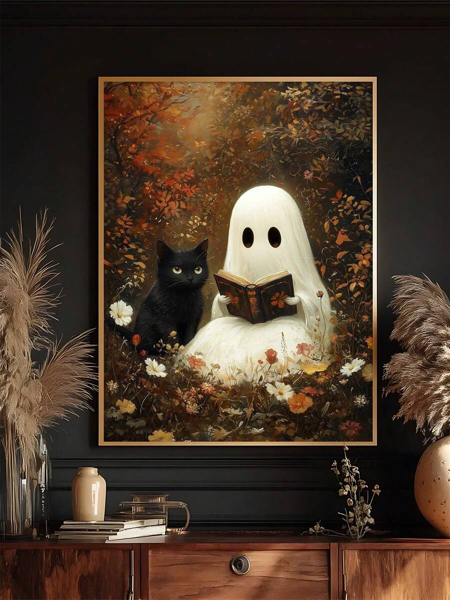 Reading ghost and black cat autumn canvas poster displayed in a thin gold portrait frame