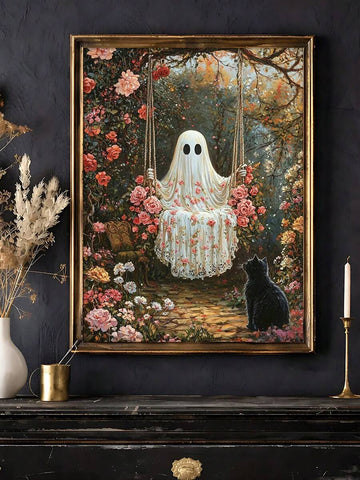 Ghost on garden swing and black cat gothic floral canvas art in a gold portrait frame