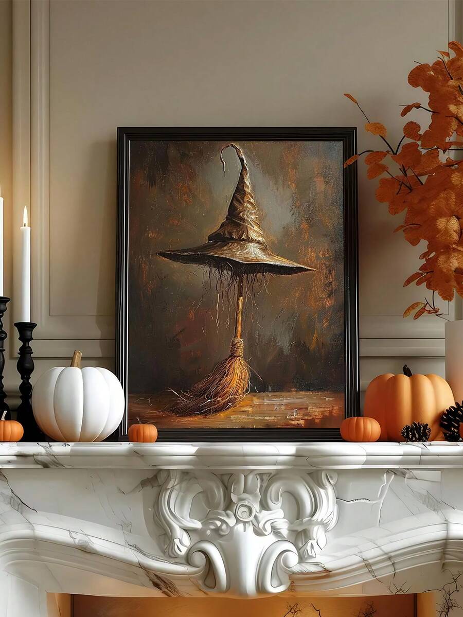 Rustic witch hat and broom Halloween print styled above an autumn mantel