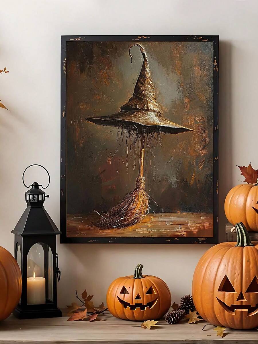 Vintage witch hat and broom canvas poster styled with pumpkins and lantern