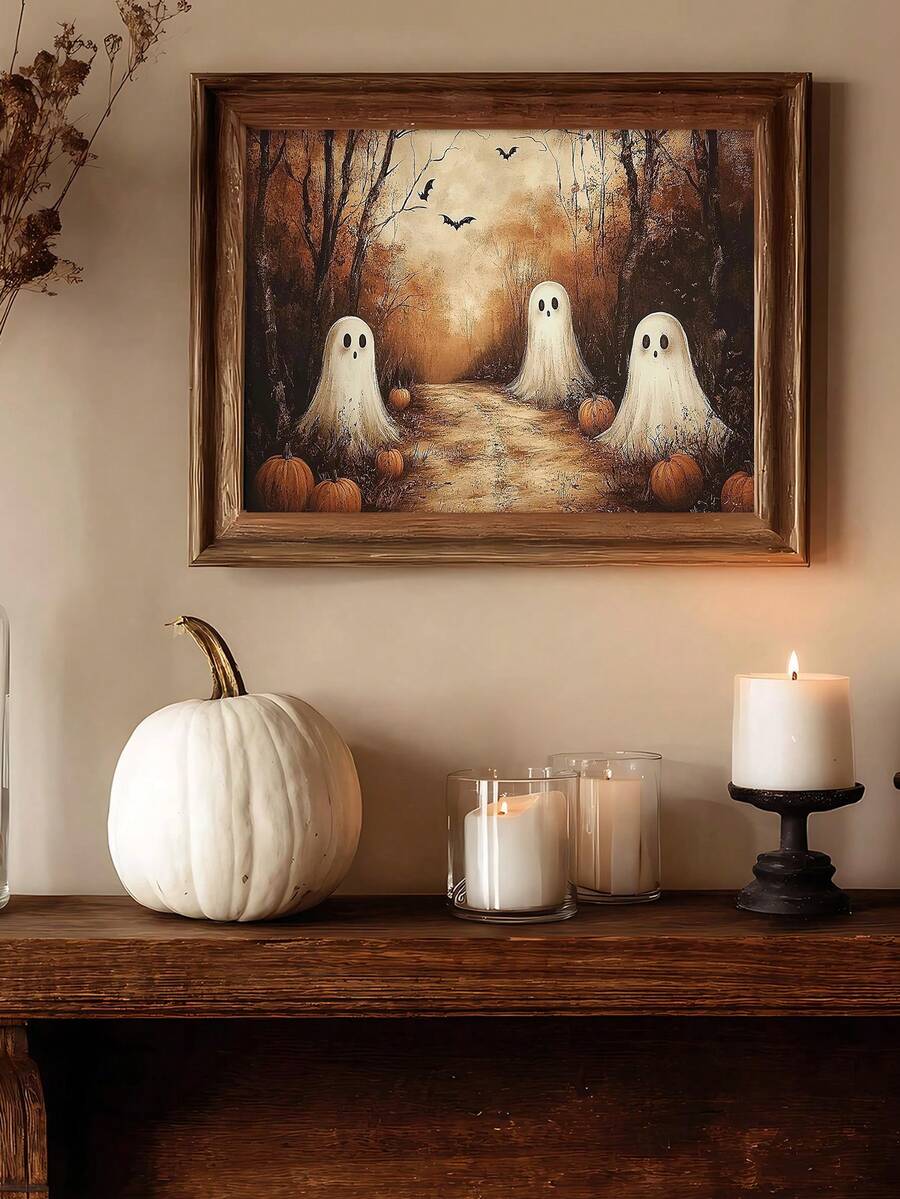 Three playful ghosts in an autumn forest shown in a rustic wood frame