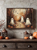 Cozy ghost forest Halloween wall art displayed with lanterns and pumpkins