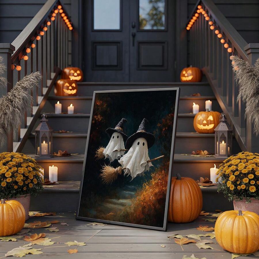 Spooky ghost wall art displayed above a fireplace