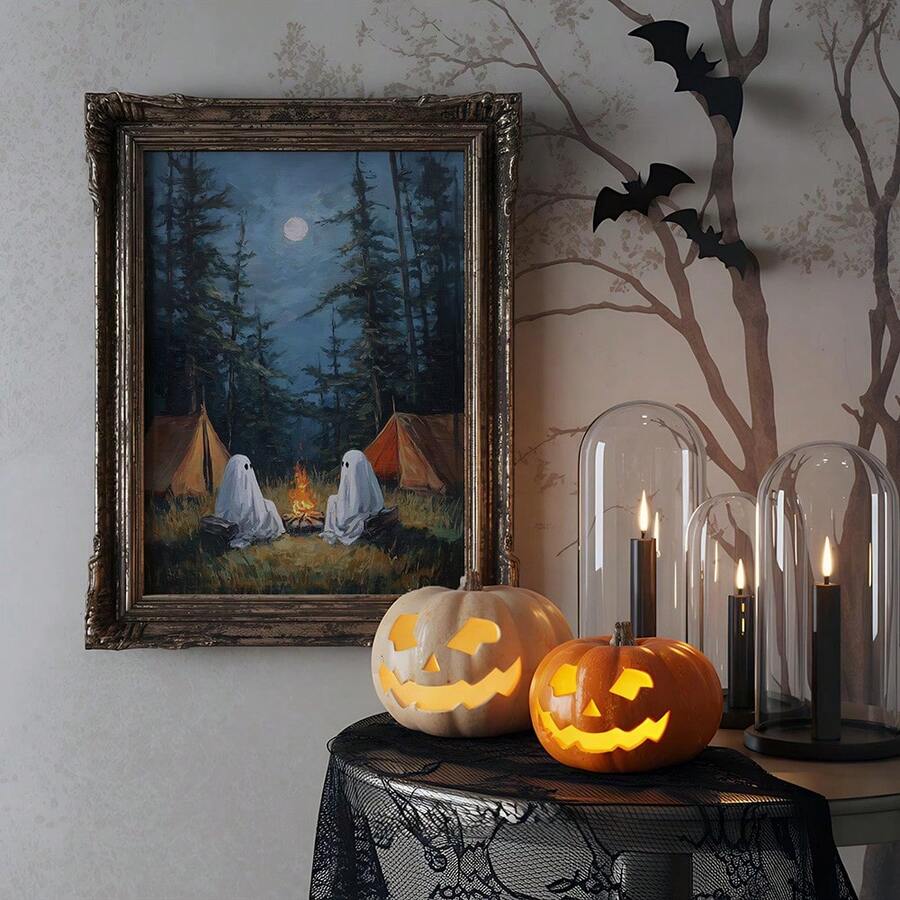 Rustic Halloween poster with ghosts and autumn décor