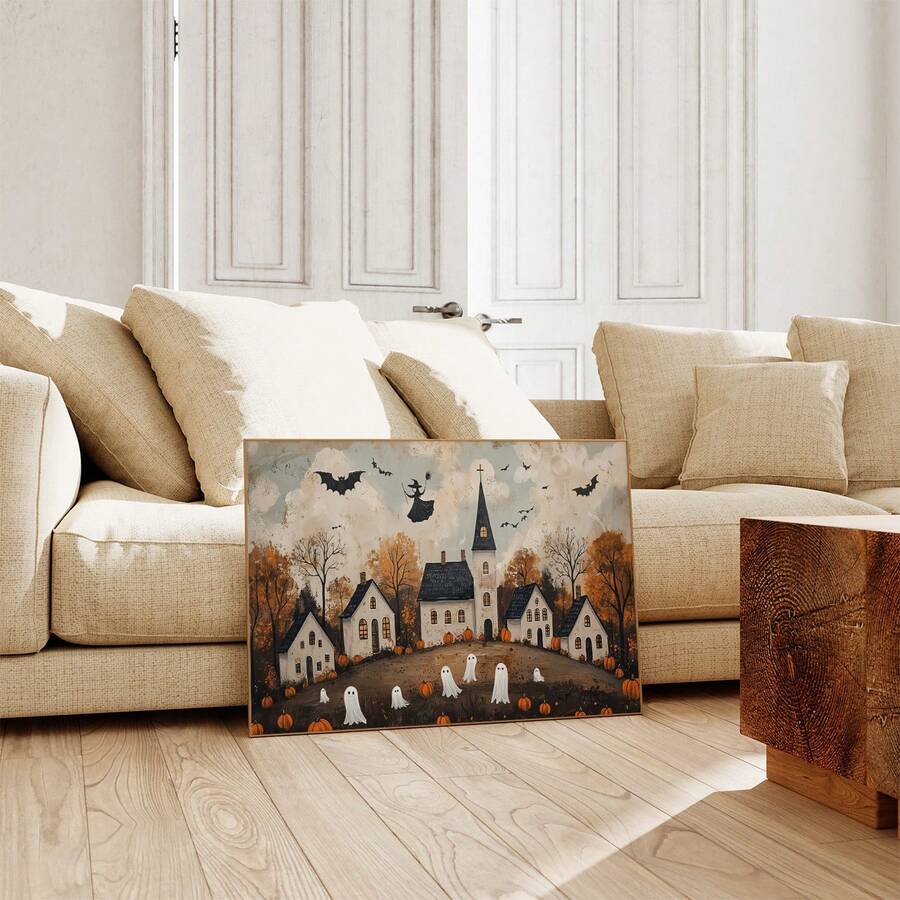 Rustic ghost autumn Halloween city canvas wall art