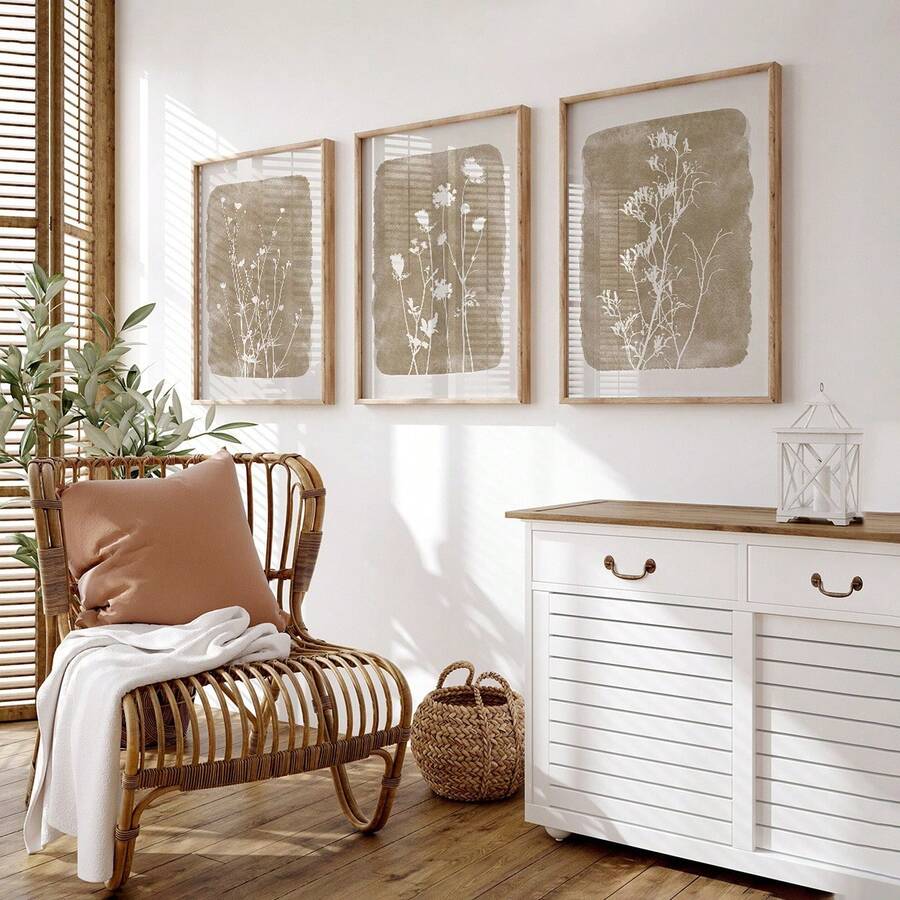 Elegant boho wildflower wall art arranged as a botanical poster set