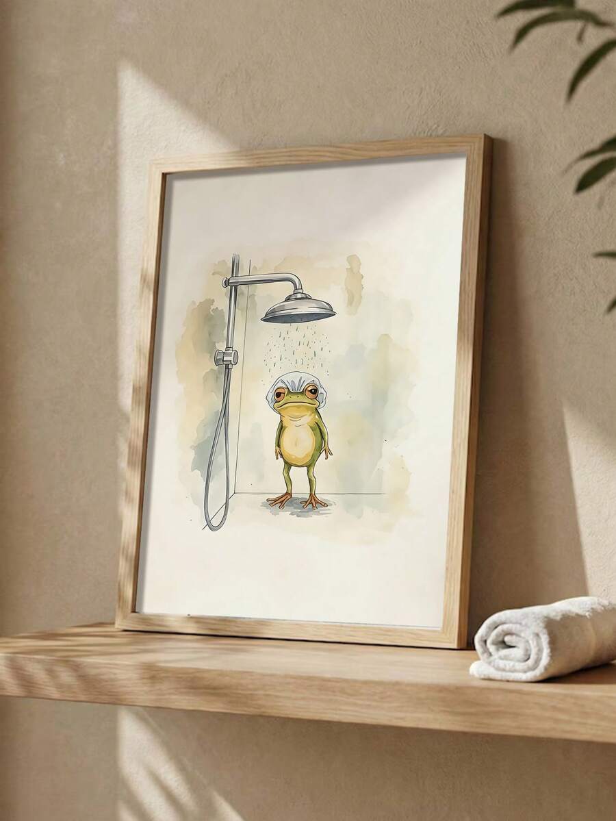 Funny green frog showering cottagecore bathroom canvas poster