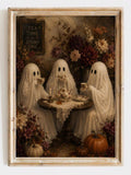 Three ghosts at afternoon tea in an ornate vintage gold frame