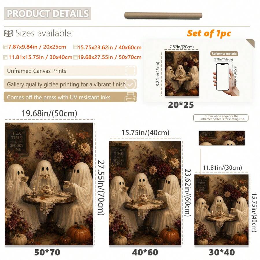 Size guide for vintage three ghosts afternoon tea canvas poster