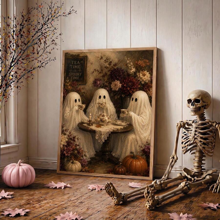 Ghost tea party canvas poster in a bright Halloween room with a skeleton