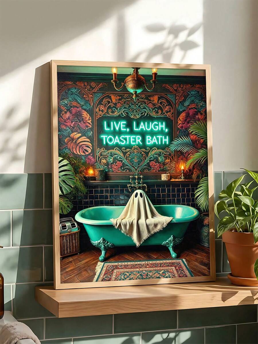 Teal bathtub ghost wall art with neon-style text and tropical plants