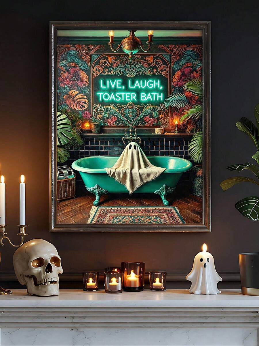 Live Laugh Toaster Bath ghost poster in a sunlit gothic botanical room