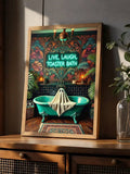 Wood framed toaster bath ghost canvas leaning on a cabinet with foliage