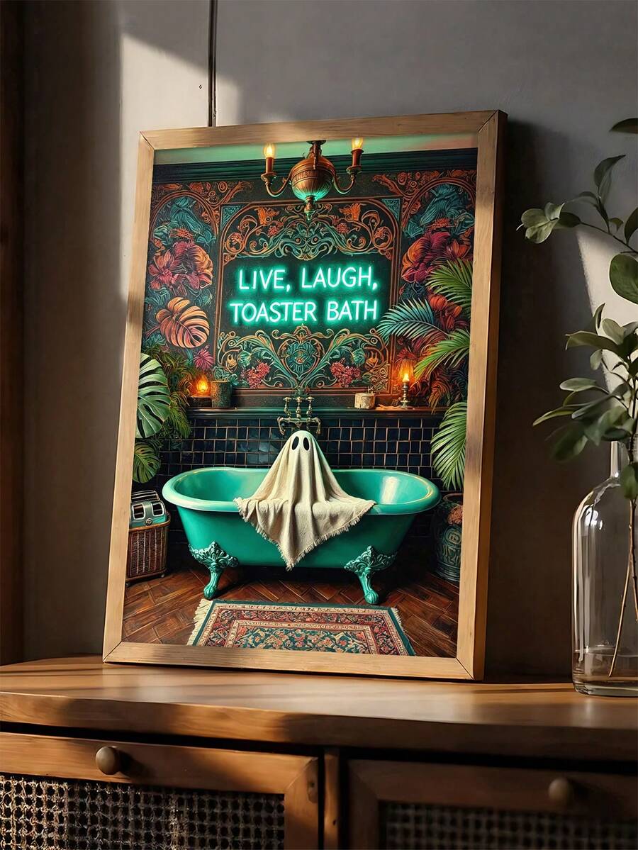 Wood framed toaster bath ghost canvas leaning on a cabinet with foliage