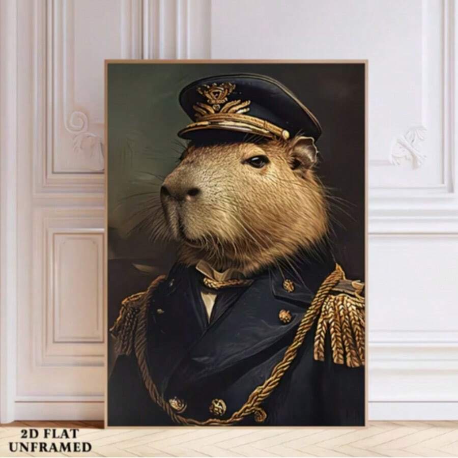 Capybara naval officer portrait canvas print leaning beside a window
