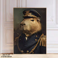 Capybara in a gold-trimmed navy officer uniform on an unframed vertical wall art mockup