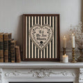 Dark wood framed gothic romance quote art above a console