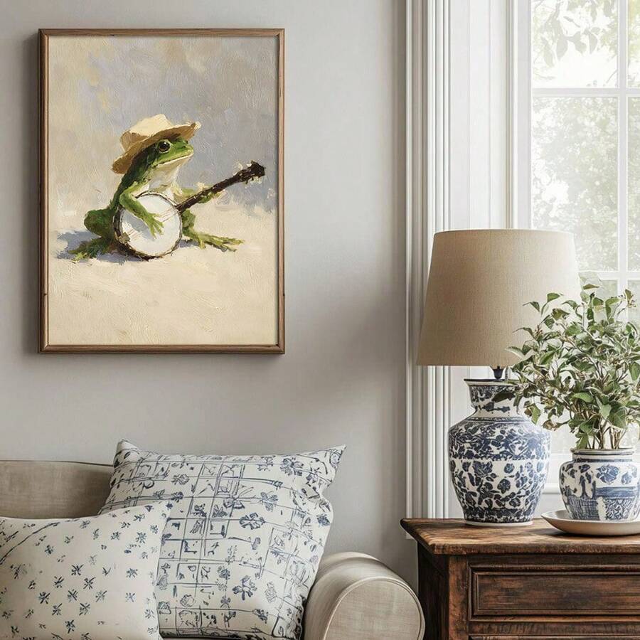 Whimsical Frog Playing Banjo Vintage Funny Canvas Poster