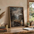 Moody haunted village art with a lantern ghost displayed on a rustic wooden desk