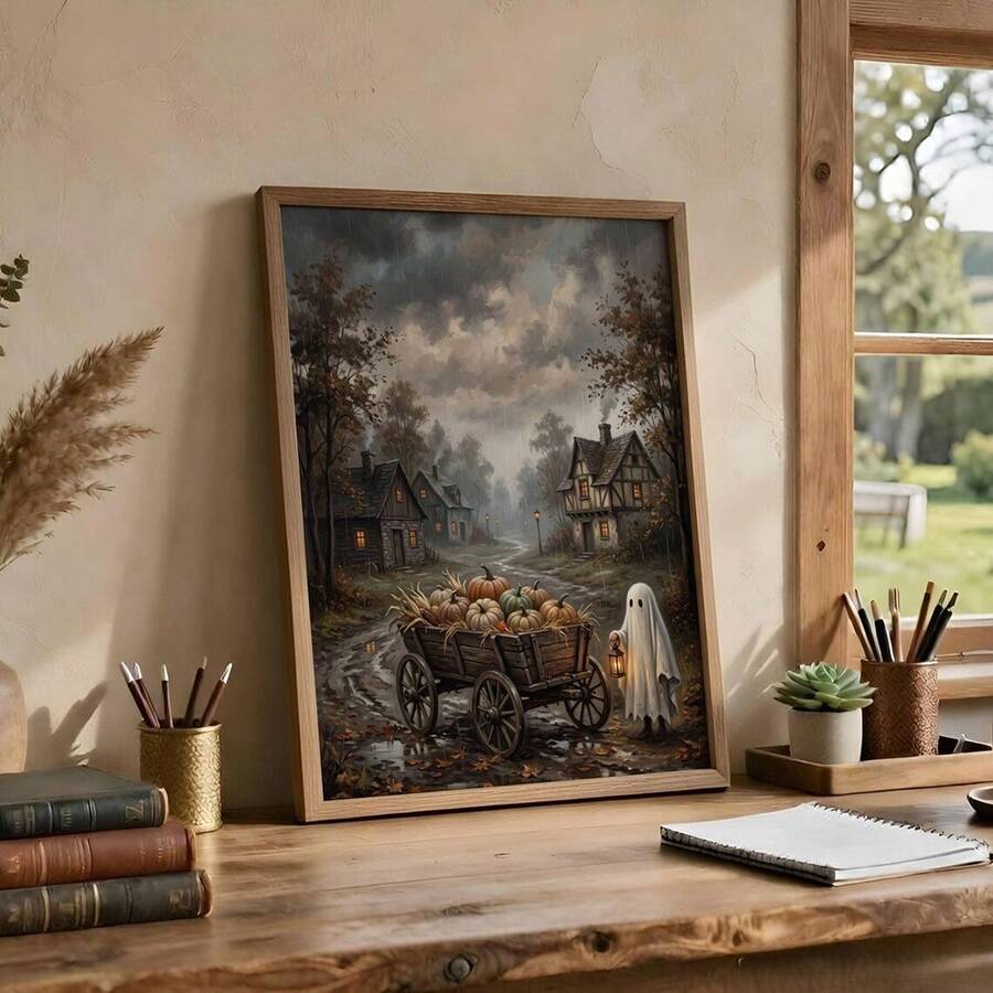 Moody haunted village art with a lantern ghost displayed on a rustic wooden desk