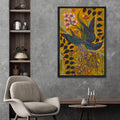 Colorful folk art plant poster in a black frame on a textured gray wall