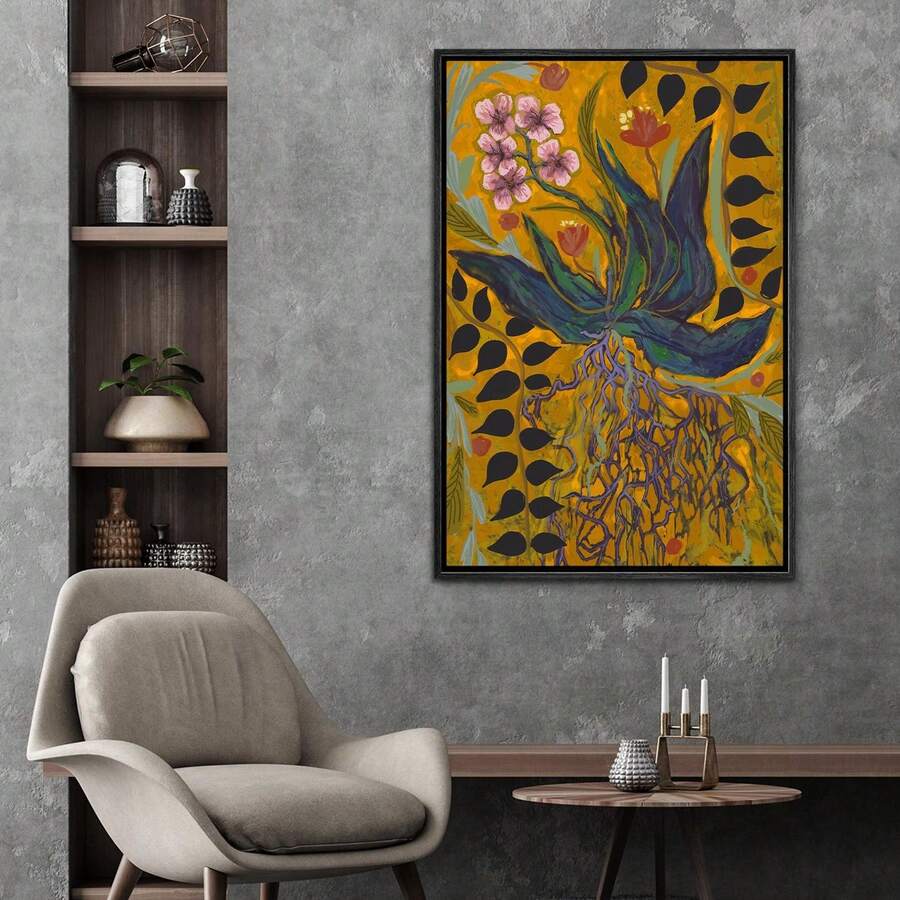 Colorful folk art plant poster in a black frame on a textured gray wall