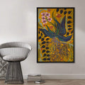 Expressive flower and roots poster in a slim black frame with a gray chair