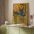 Pink flower and tangled roots botanical art displayed on a green cabinet