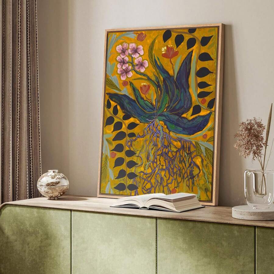 Pink flower and tangled roots botanical art displayed on a green cabinet