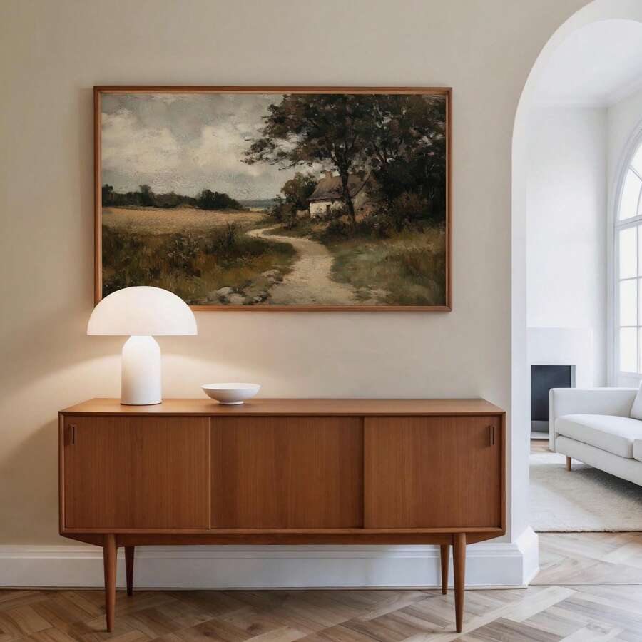Country cottage landscape above a wood console