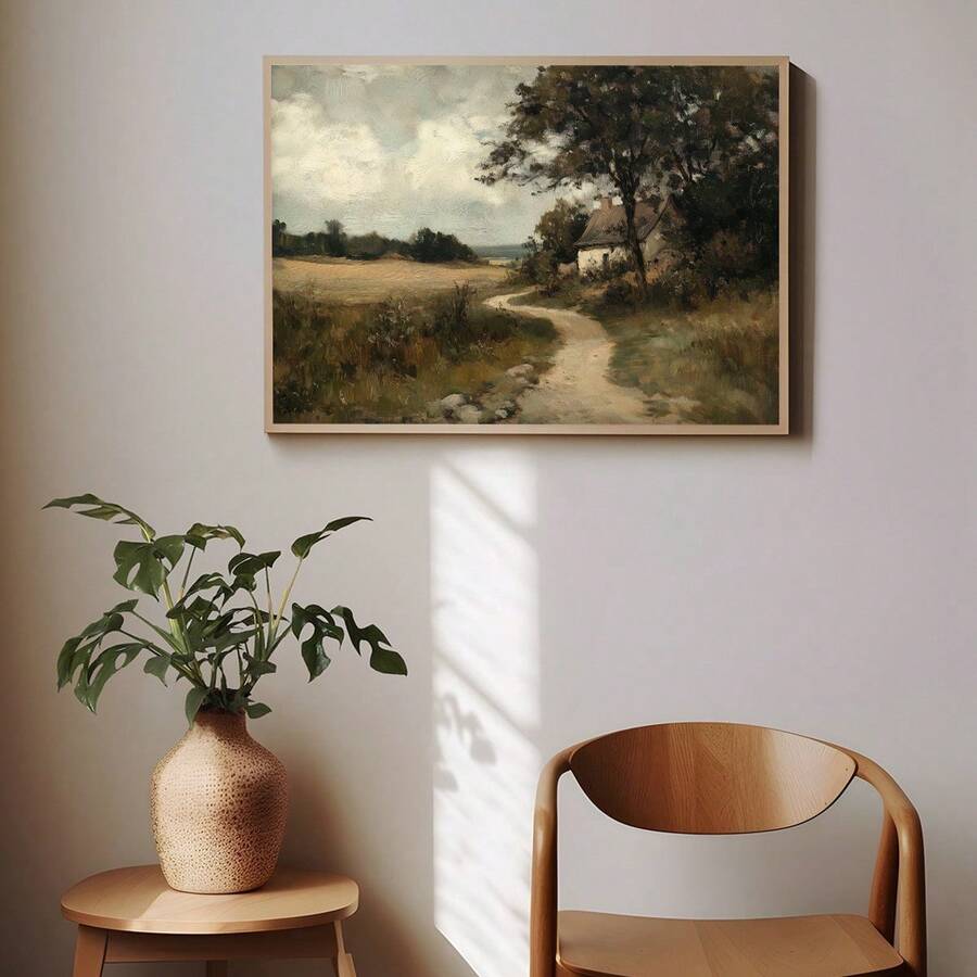 Rustic country path artwork in a sunlit room