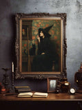 Vintage Dark Witch Canvas poster featuring a black cat, broom, and antique floral details. Perfect for gothic, witchcore, Halloween, and vintage decor.
