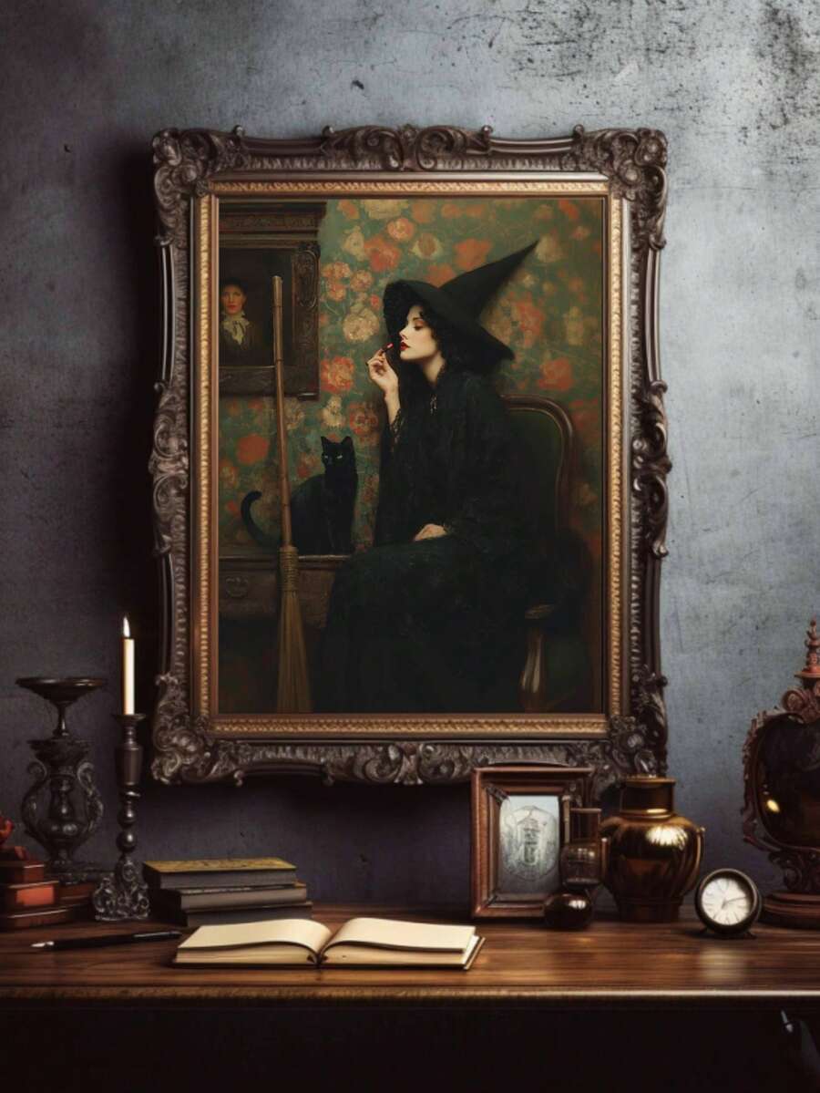 Vintage Dark Witch Canvas poster featuring a black cat, broom, and antique floral details. Perfect for gothic, witchcore, Halloween, and vintage decor.
