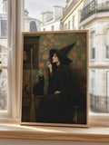 Vintage Dark Witch Canvas poster featuring a black cat, broom, and antique floral details. Perfect for gothic, witchcore, Halloween, and vintage decor.
