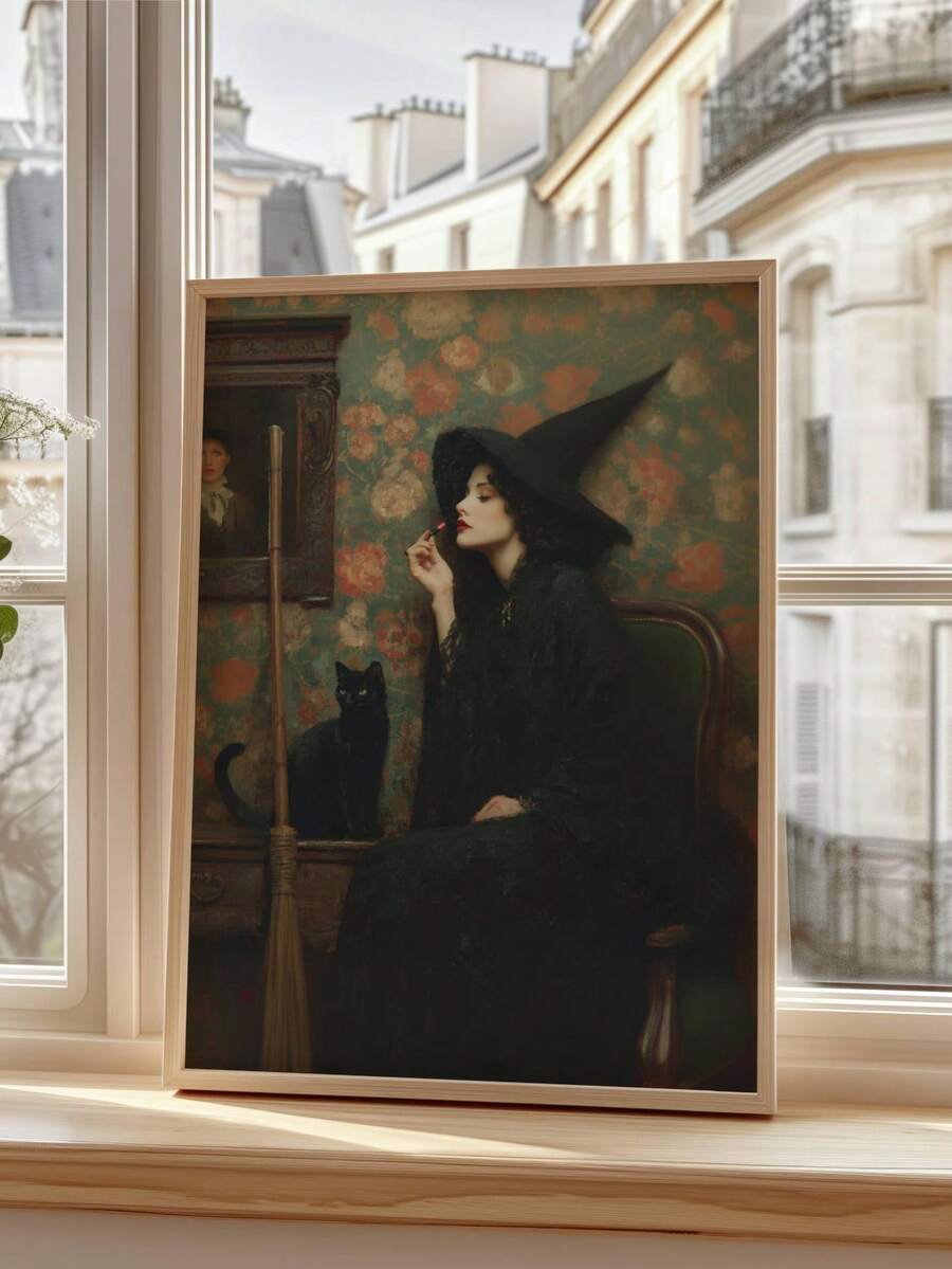 Vintage Dark Witch Canvas poster featuring a black cat, broom, and antique floral details. Perfect for gothic, witchcore, Halloween, and vintage decor.
