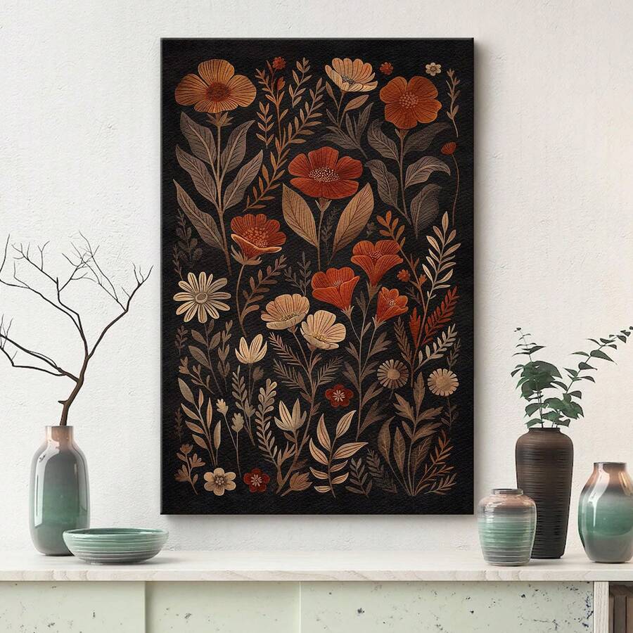 Vintage terracotta wildflower canvas poster with rust orange blooms